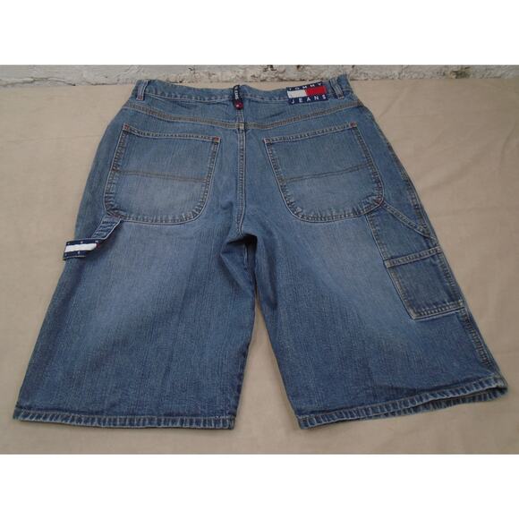 Vintage Y2K Tommy Hilfiger Jean Shorts Big Flag Baggy Carpenter Cargo Mens 34 - Picture 1 of 12